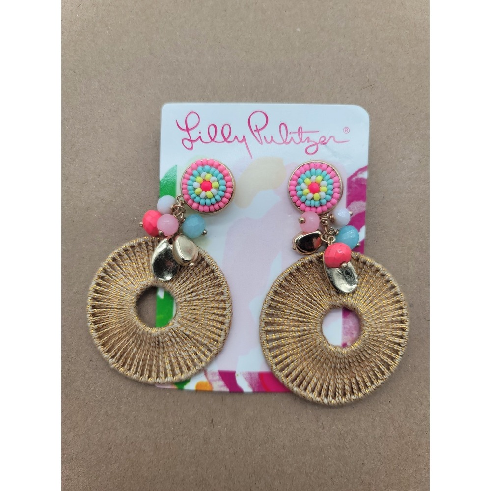 Lilly Pulitzer Cabana Cocktail Earrings Gold Raffia Beaded Drop NEW - Picture 3 of 5